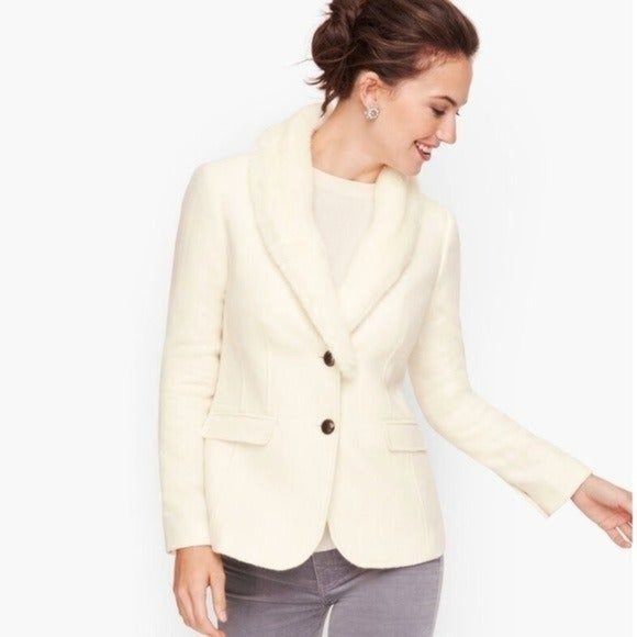 Talbots Jackets & Blazers - Talbots Ivory Herringbone Shetland Wool Blazer Jacket with Fur Trim 10 Medium